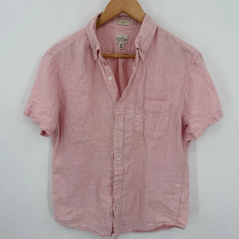 J. Crew Pink Irish Linen Sz M Button Up Baird McNutt Shirt Coastal Preppy Beach